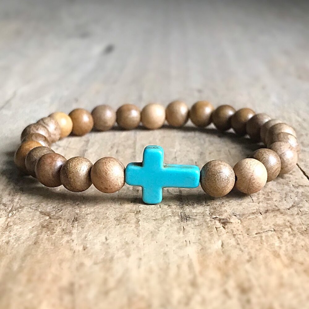 Wood Bead Bracelet with Turquoise Sideways Cross - Unisex - Picture 4 of 5
